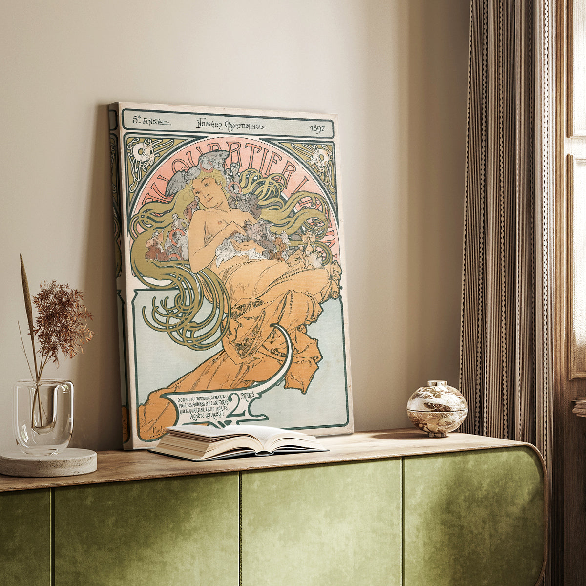 Canvas art print of a vintage advertisement featuring a stylized female figure and text styled in a home decor setting.