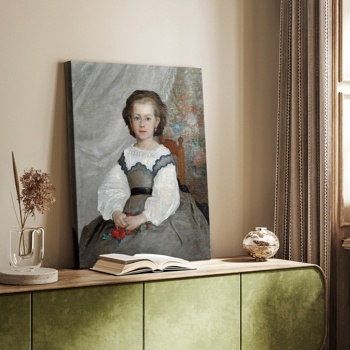 Canvas art print of a refined portrait of a child with subtle color and gentle expression styled in a home decor setting.