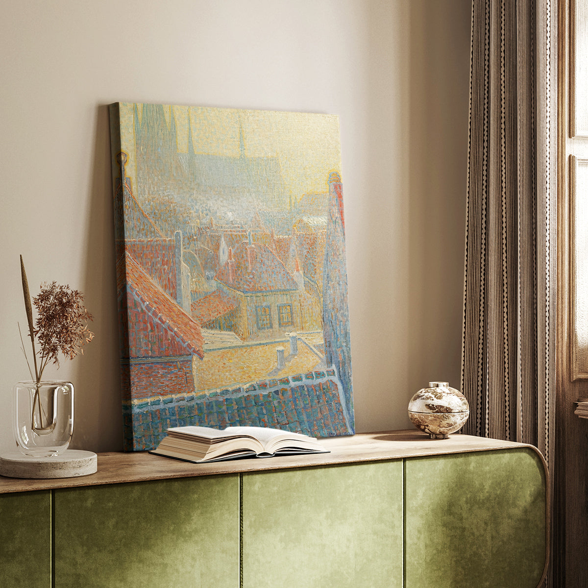 Canvas art print of a stylized urban view with architectural forms and subtle texture styled in a home decor setting.