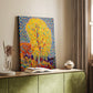 Canvas art print of a stylized nature scene with bold tones and simplified form styled in a home decor setting.