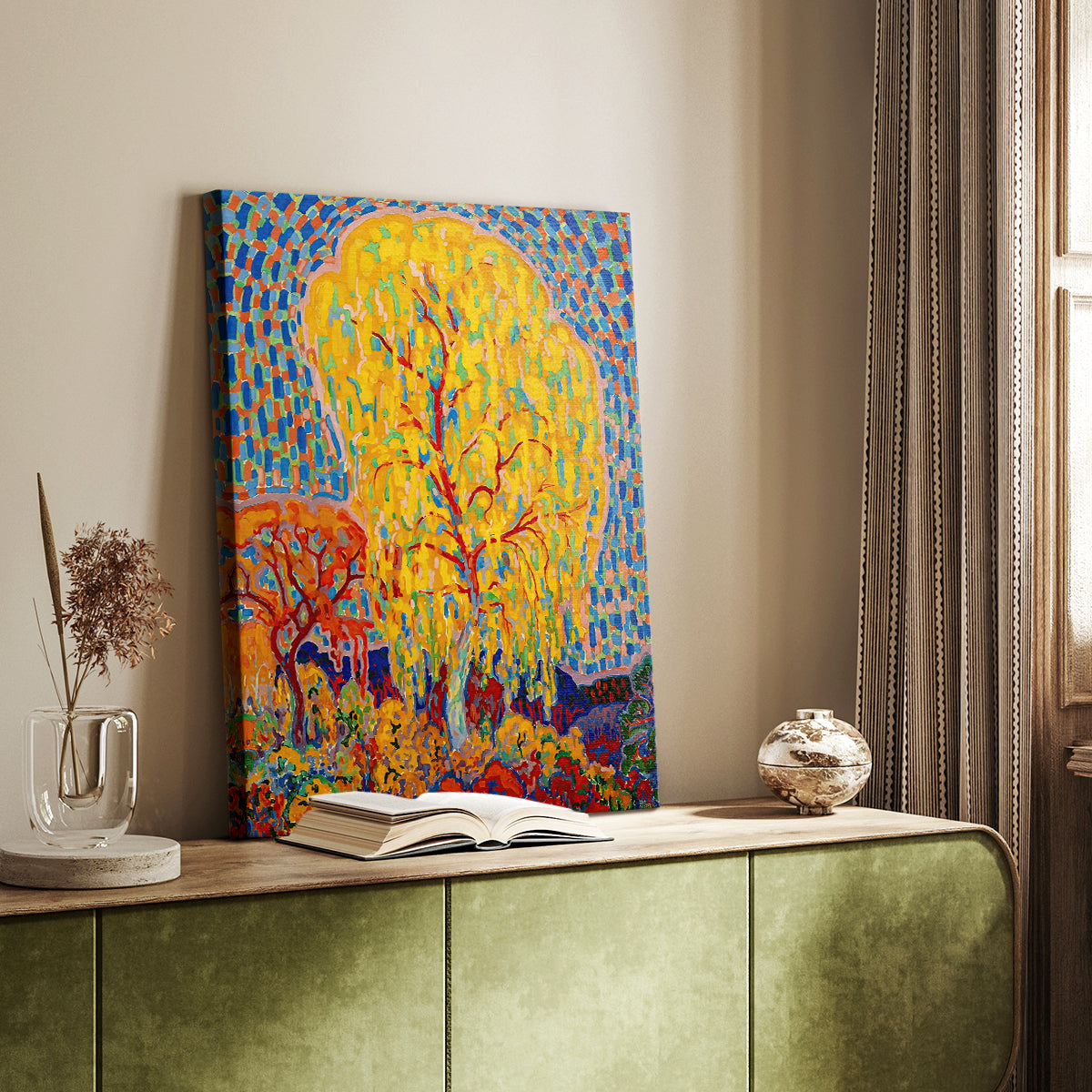 Canvas art print of a stylized nature scene with bold tones and simplified form styled in a home decor setting.