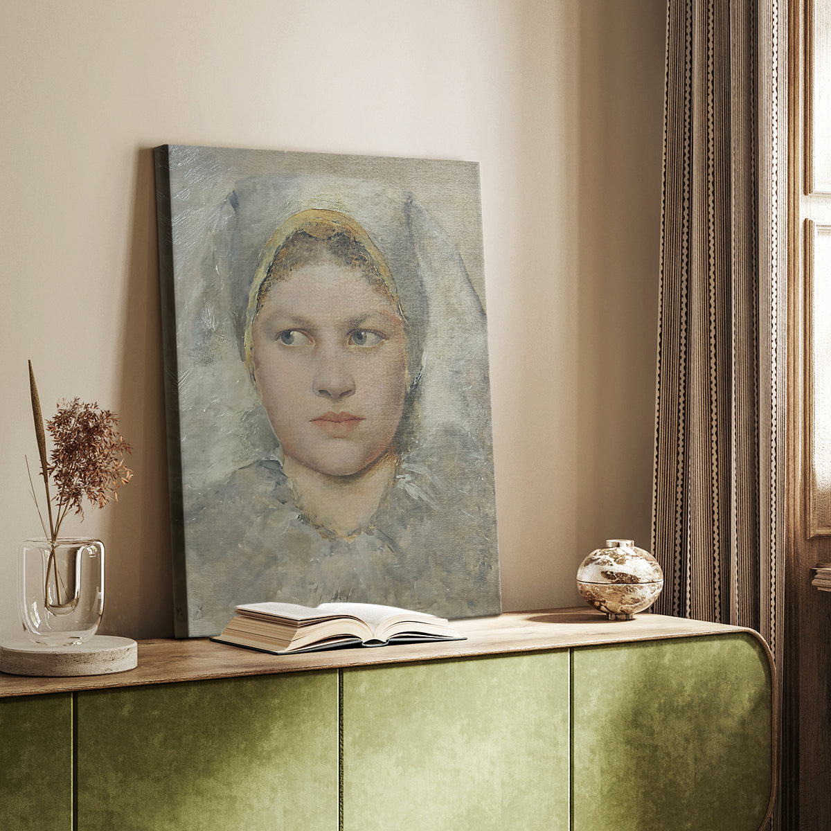 Canvas art print of a delicate head study with light shading and calm features styled in a home decor setting.