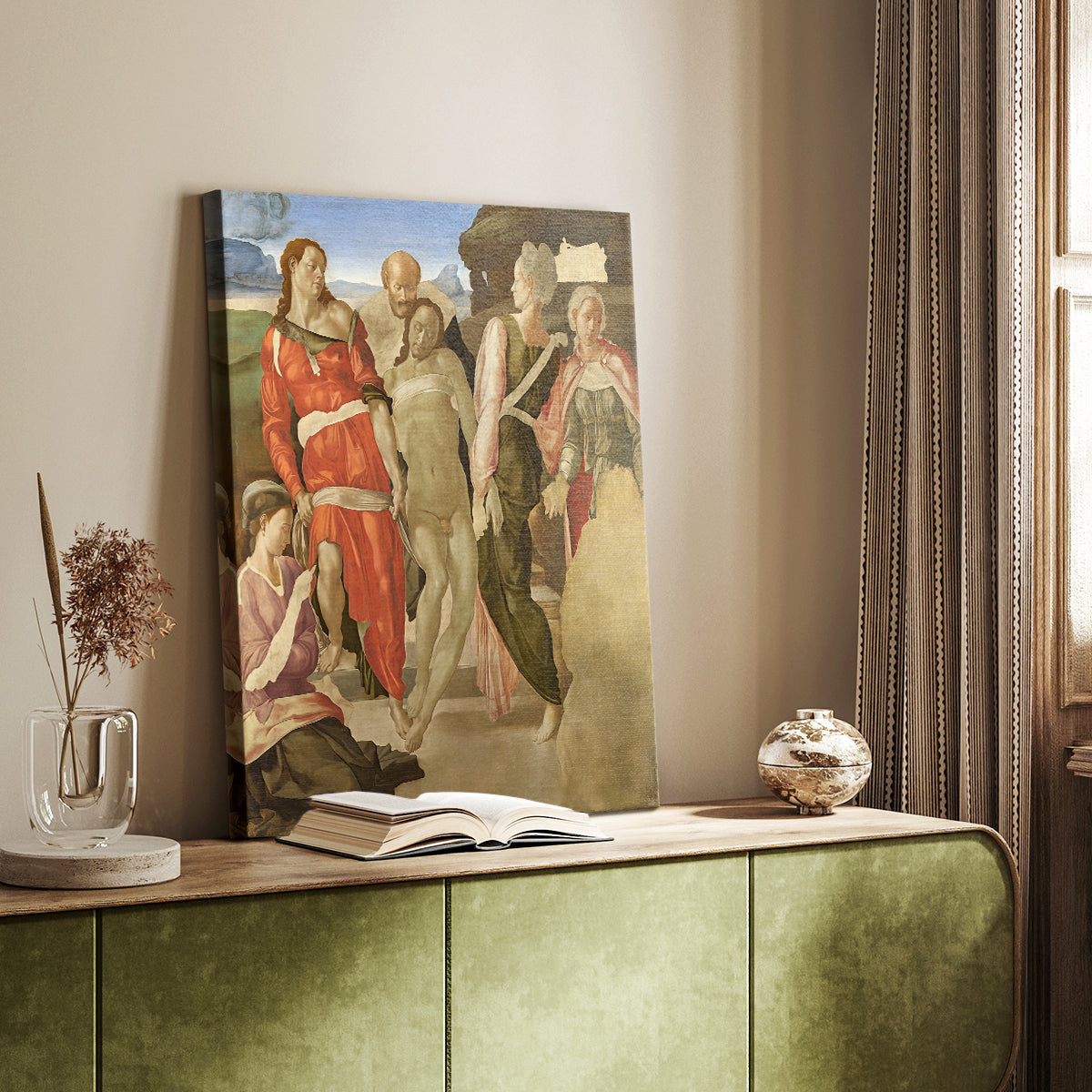 Canvas art print of a religious image with multiple figures and soft tones styled in a home decor setting.