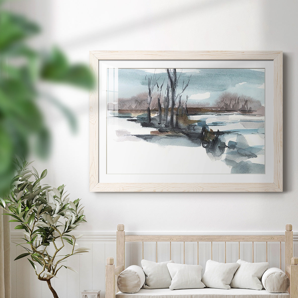 Winter Stream Watercolor II - Barnwood Framed Art Print