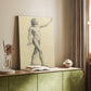 Canvas art print of a dynamic drawing of a figure with minimal detail styled in a home decor setting.