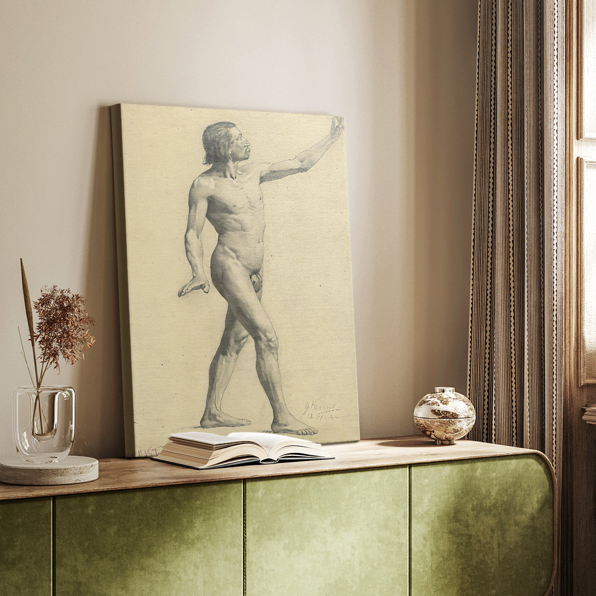 Canvas art print of a dynamic drawing of a figure with minimal detail styled in a home decor setting.