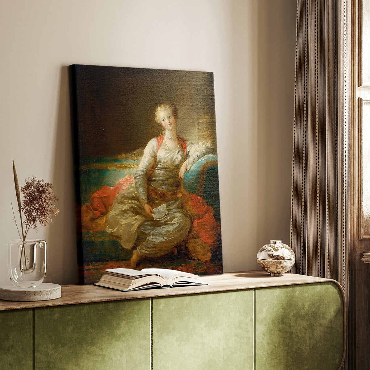 Canvas art print of a decorative scene with flowing garments and warm tones styled in a home decor setting.