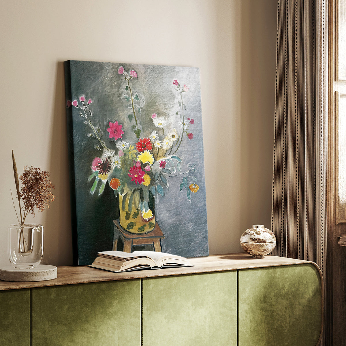 Canvas art print of a floral composition with bold tones and expressive texture styled in a home decor setting.