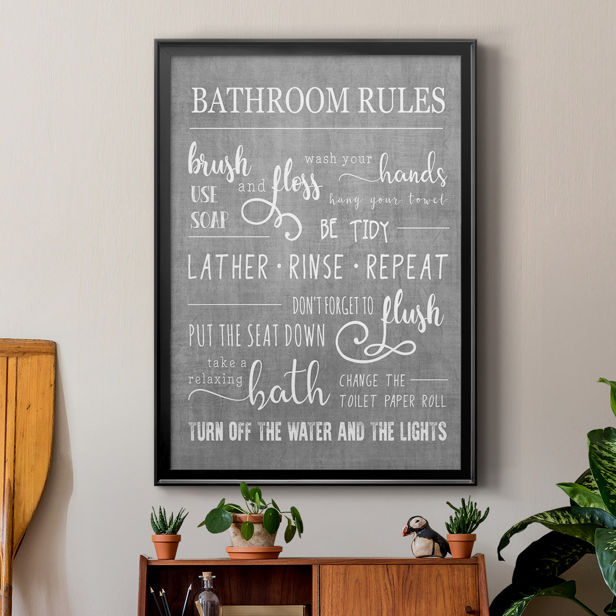 Neutral Bathroom Rules - Modern Framed Canvas Print