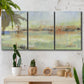 Three-panel canvas wall art featuring layered abstract transitional textures, displayed in a boho-chic entryway above a console table.