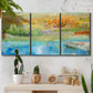 Three-panel canvas wall art featuring abstract sense of forward movement, displayed in a boho-chic entryway above a console table.