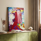 Canvas art print of a stylized figure with bold tones and geometric structure styled in a home decor setting.