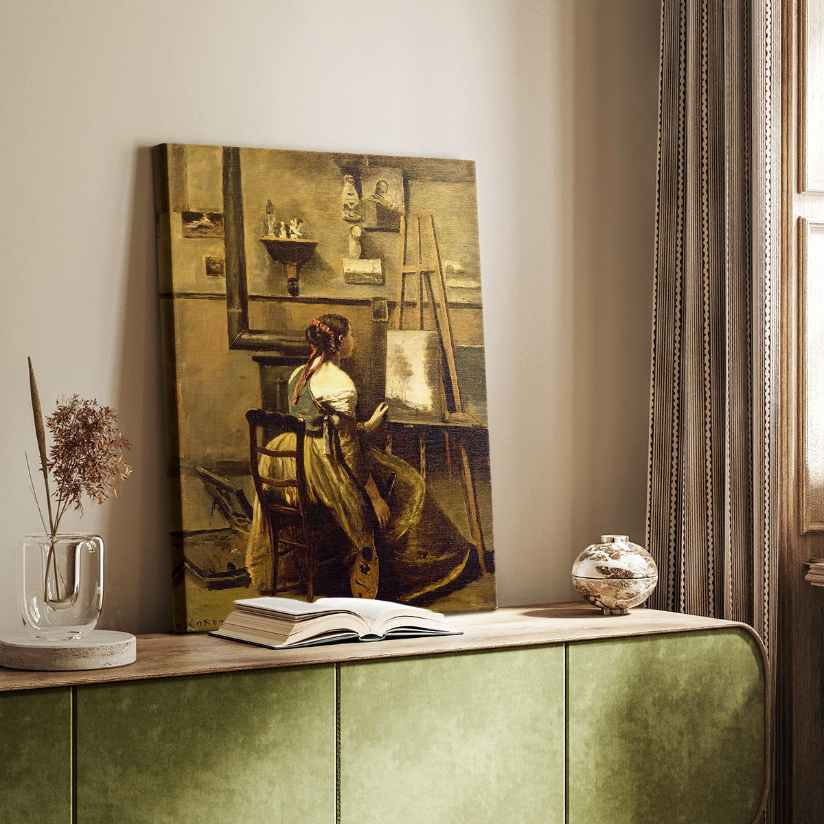 Canvas art print of a calm workspace scene with paintings and soft tones styled in a home decor setting.