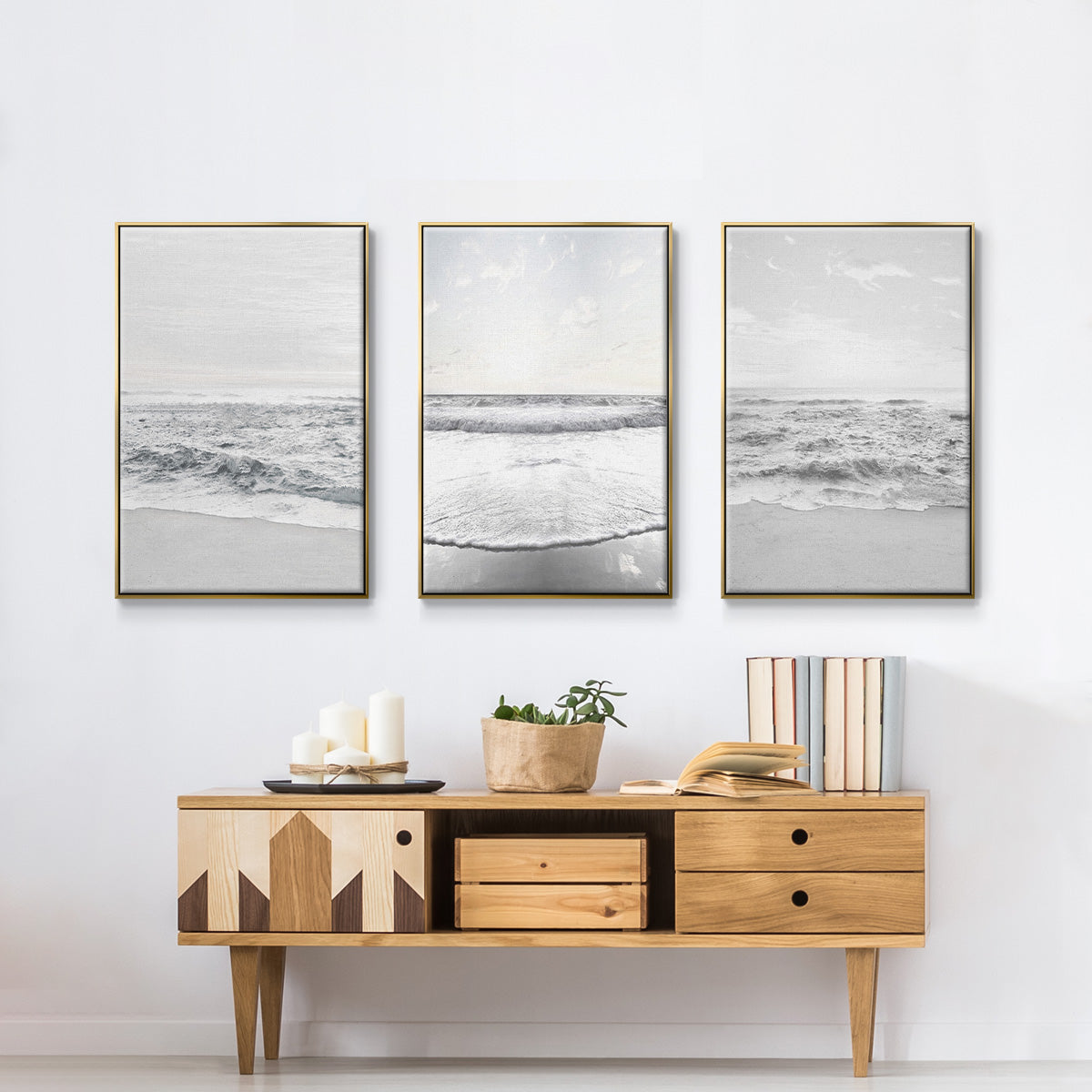 Gentle Tides I - Framed Premium Gallery Wrapped Canvas L Frame 3 Piece Set - Ready to Hang