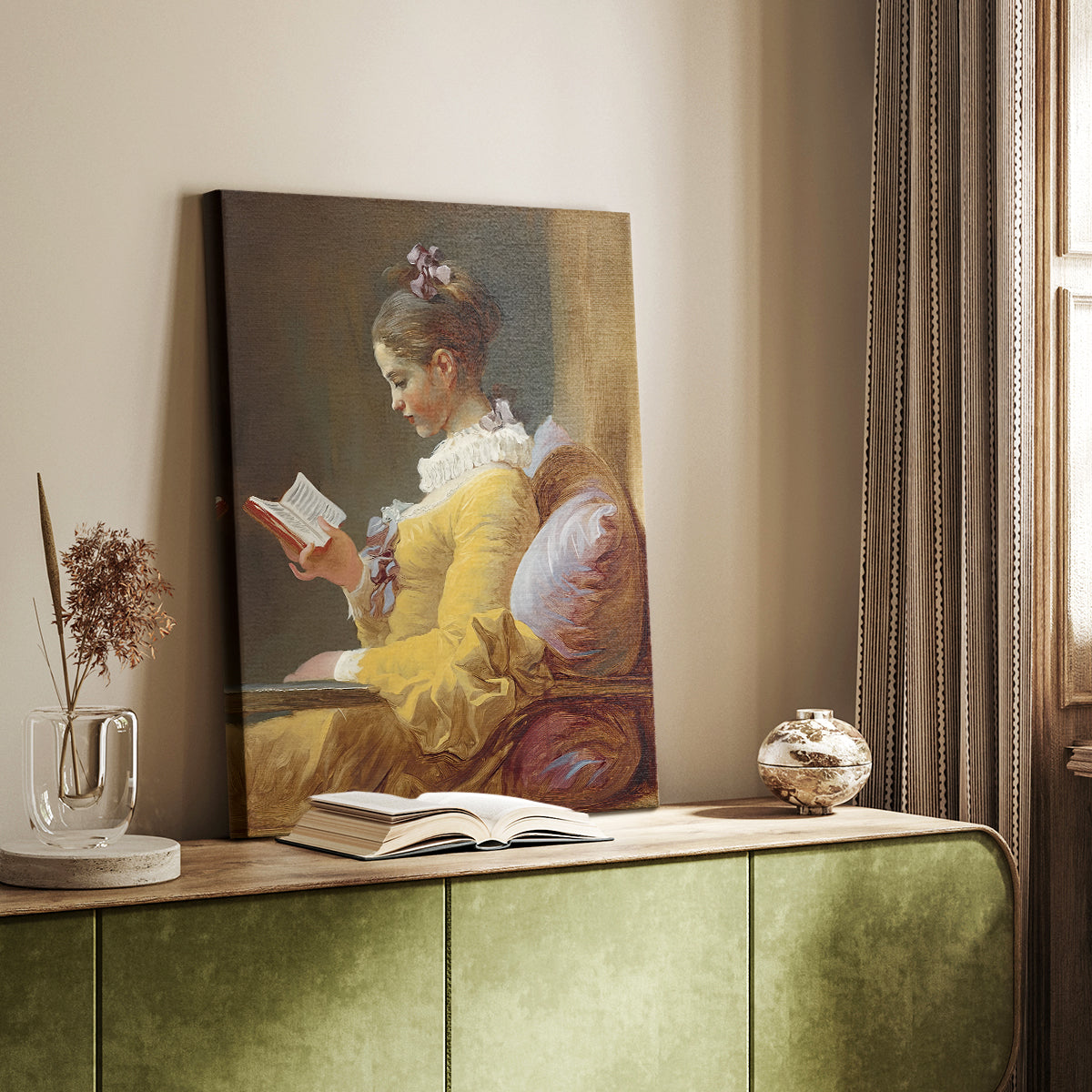 Canvas art print of a calm figure absorbed in a book with delicate shading styled in a home decor setting.