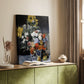 Canvas art print of a colorful bouquet arranged in a simple ceramic container styled in a home decor setting.