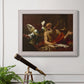 Classical religious painting of Saint Jerome with an angel by Simon Vouet in an ornate weathered white frame displayed in a light-toned interior setting.