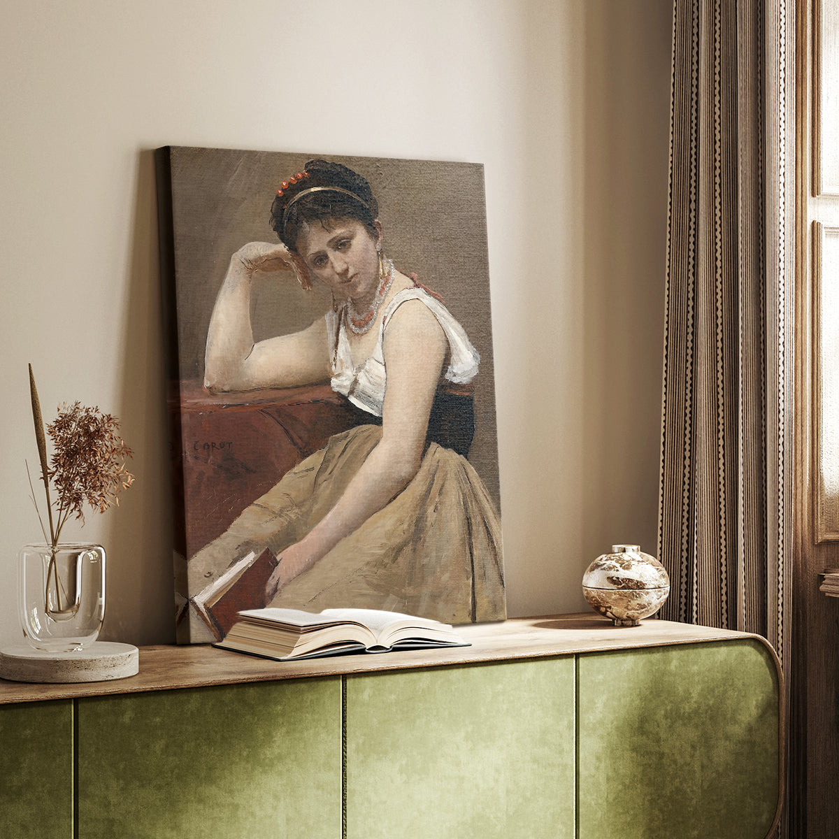 Canvas art print of a quiet interior moment with a seated figure and book styled in a home decor setting.