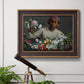 Traditional portrait of a woman holding peonies by Frédéric Bazille in an ornate bronzed mahogany wood frame displayed in a light-toned interior setting.