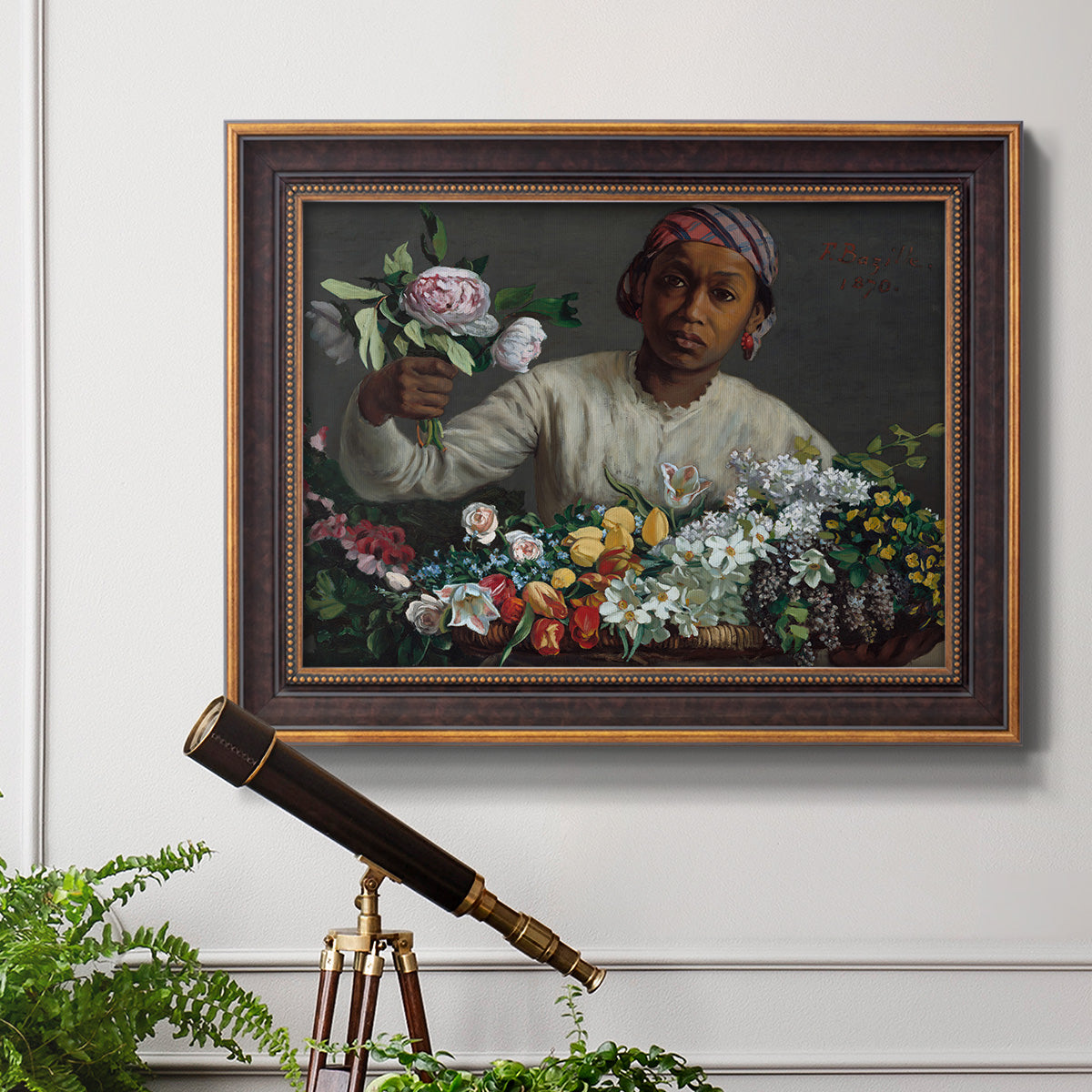 Traditional portrait of a woman holding peonies by Frédéric Bazille in an ornate bronzed mahogany wood frame displayed in a light-toned interior setting.