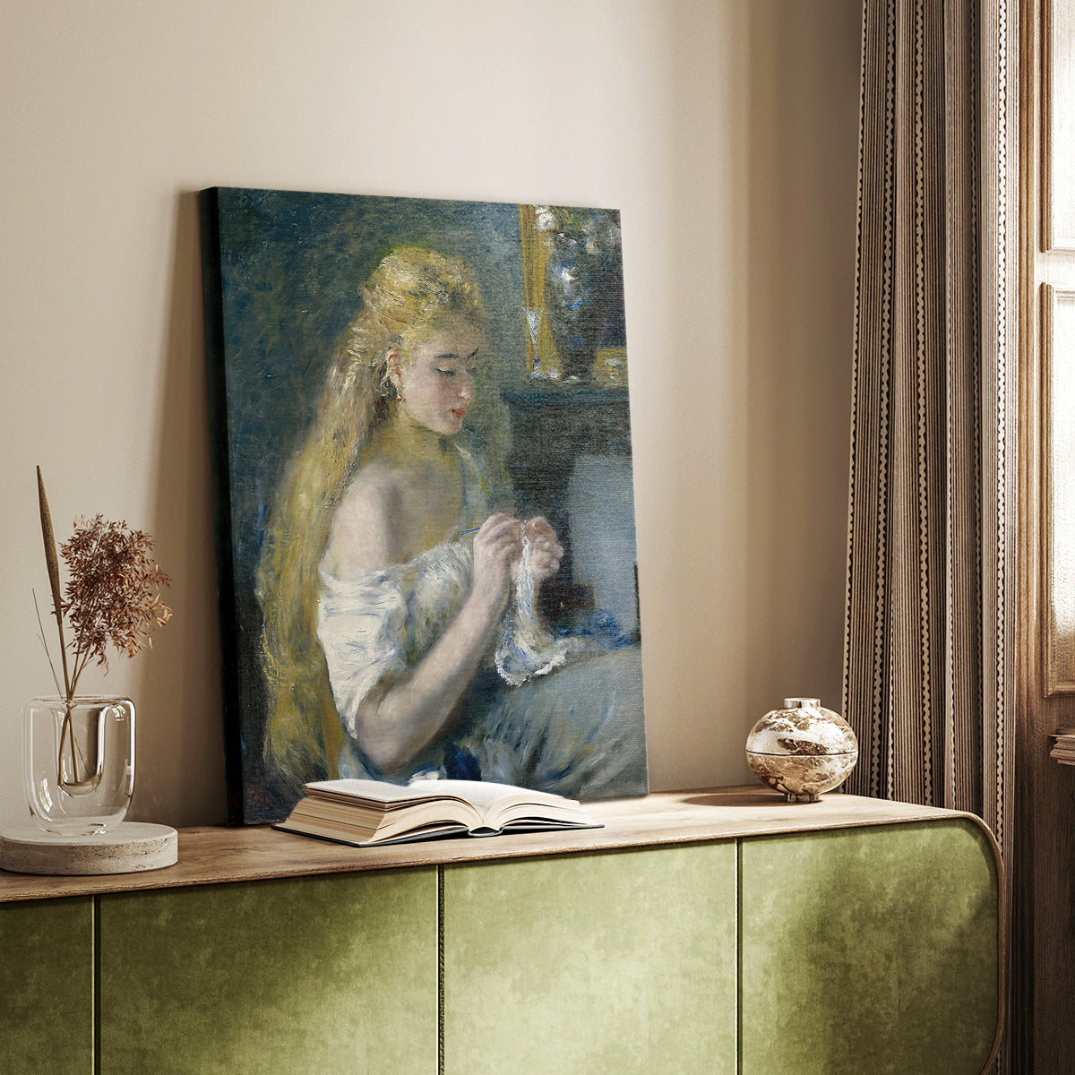 Canvas art print of a seated figure working with yarn in soft natural light styled in a home decor setting.