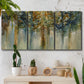 Three-panel canvas wall art featuring earth toned abstract leaf textures, displayed in a boho-chic entryway above a console table.
