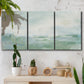 Three-panel canvas wall art featuring soft abstract coastal tones, displayed in a boho-chic entryway above a console table.