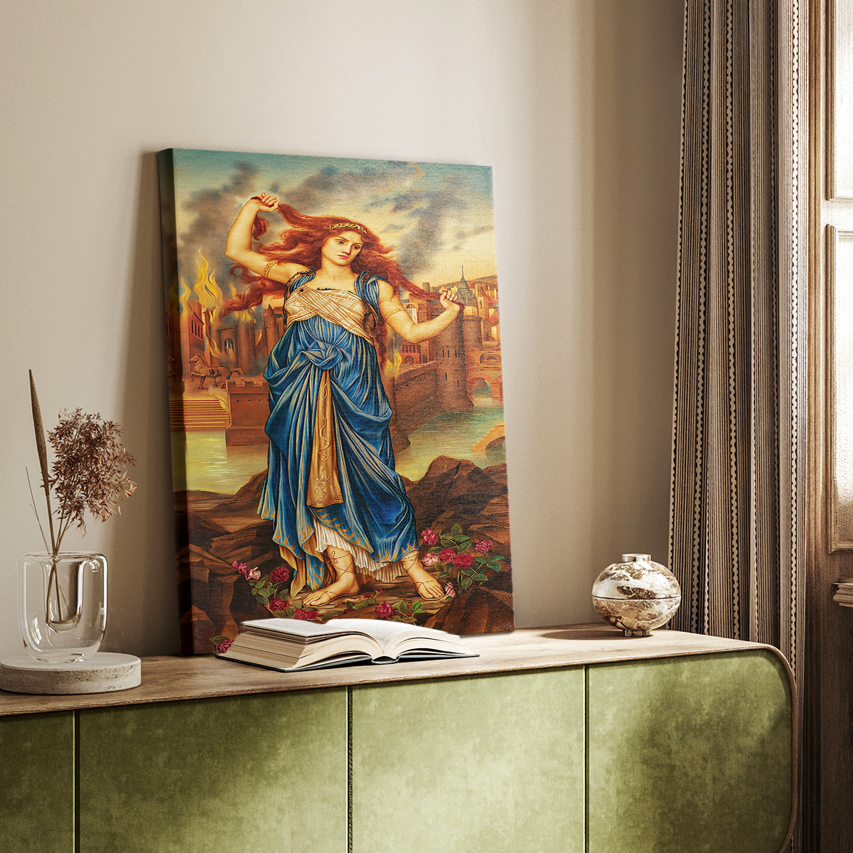 Canvas art print of a dramatic figure with flowing garments and emotional presence styled in a home decor setting.