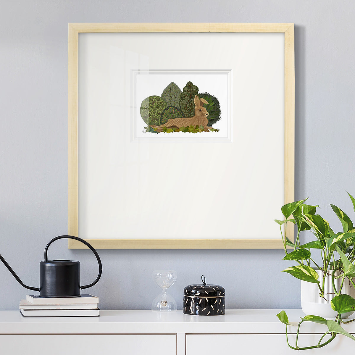 Hare Reclining in Leaves Premium Framed Print Double Matboard