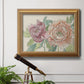 Modern peony floral drawing in an ornate antique gold frame displayed in a light-toned interior setting.