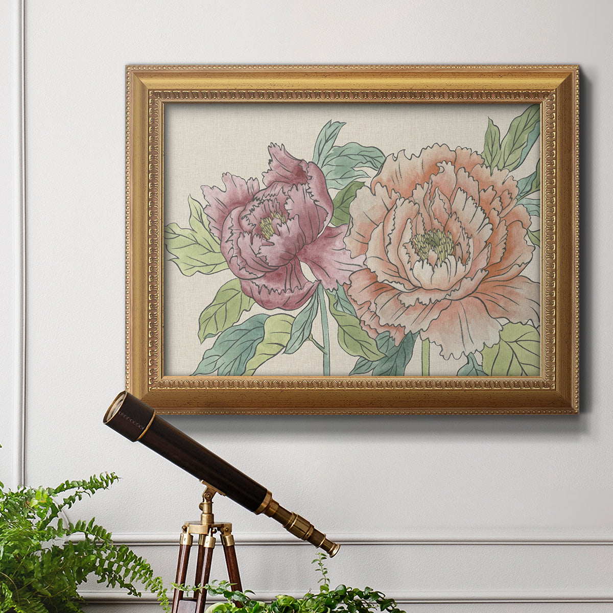 Modern peony floral drawing in an ornate antique gold frame displayed in a light-toned interior setting.