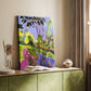 Canvas art print of a stylized outdoor scene with flowing water and vivid greens styled in a home decor setting.