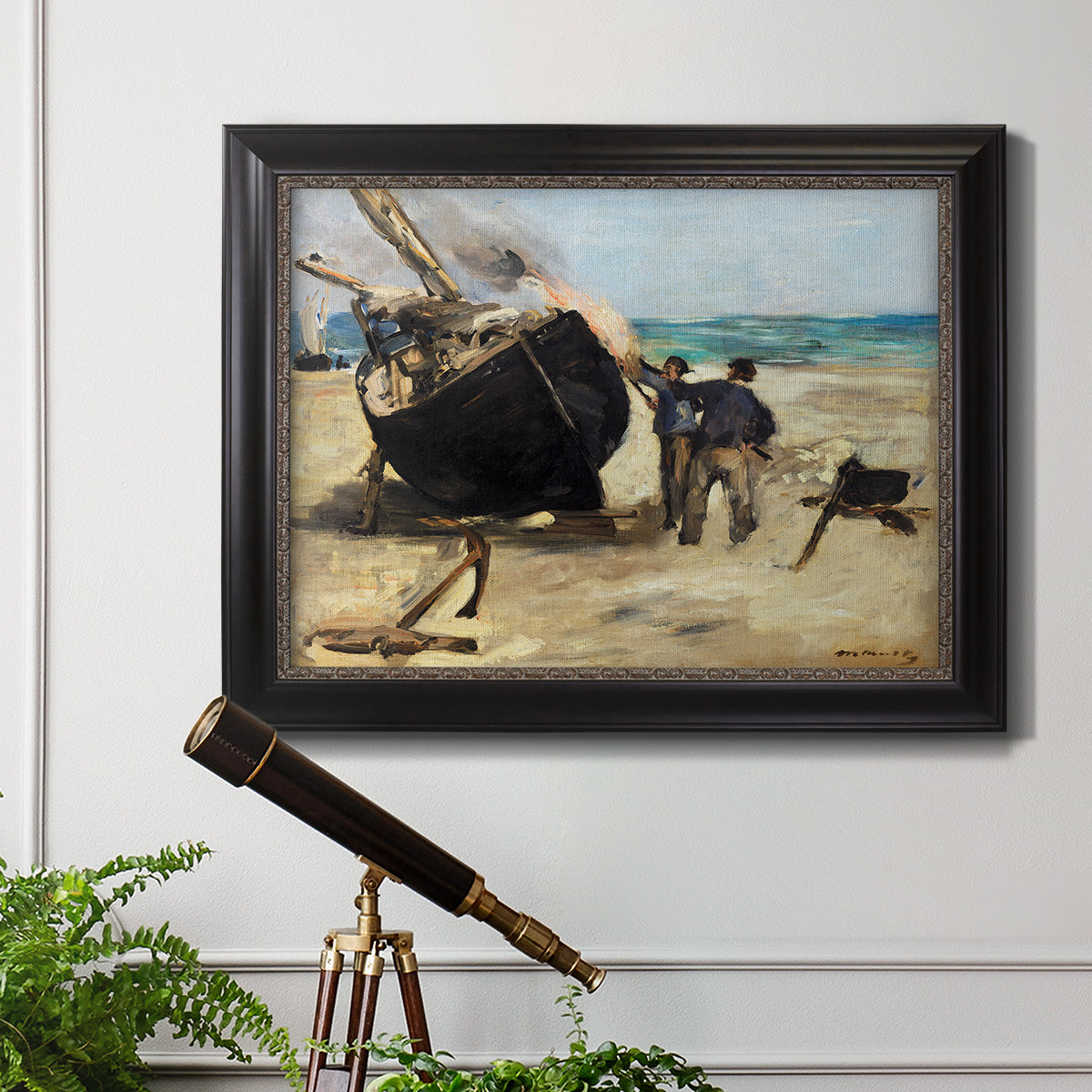 Impressionist nautical work scene by Édouard Manet in an ornate black frame with gilded inner detail displayed in a light-toned interior setting.