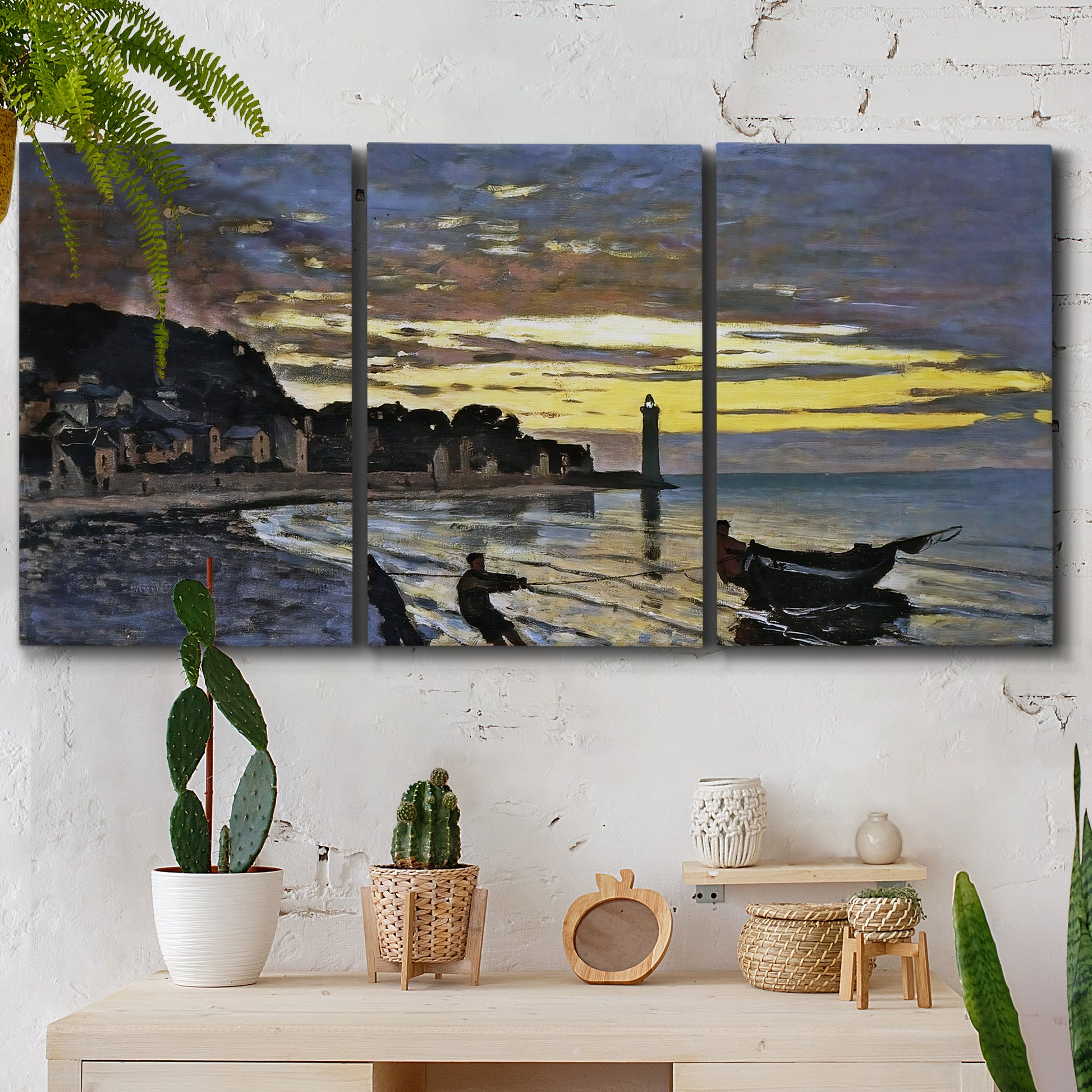 Three-panel canvas wall art featuring river at dusk with fading light, displayed in a boho-chic entryway above a console table.