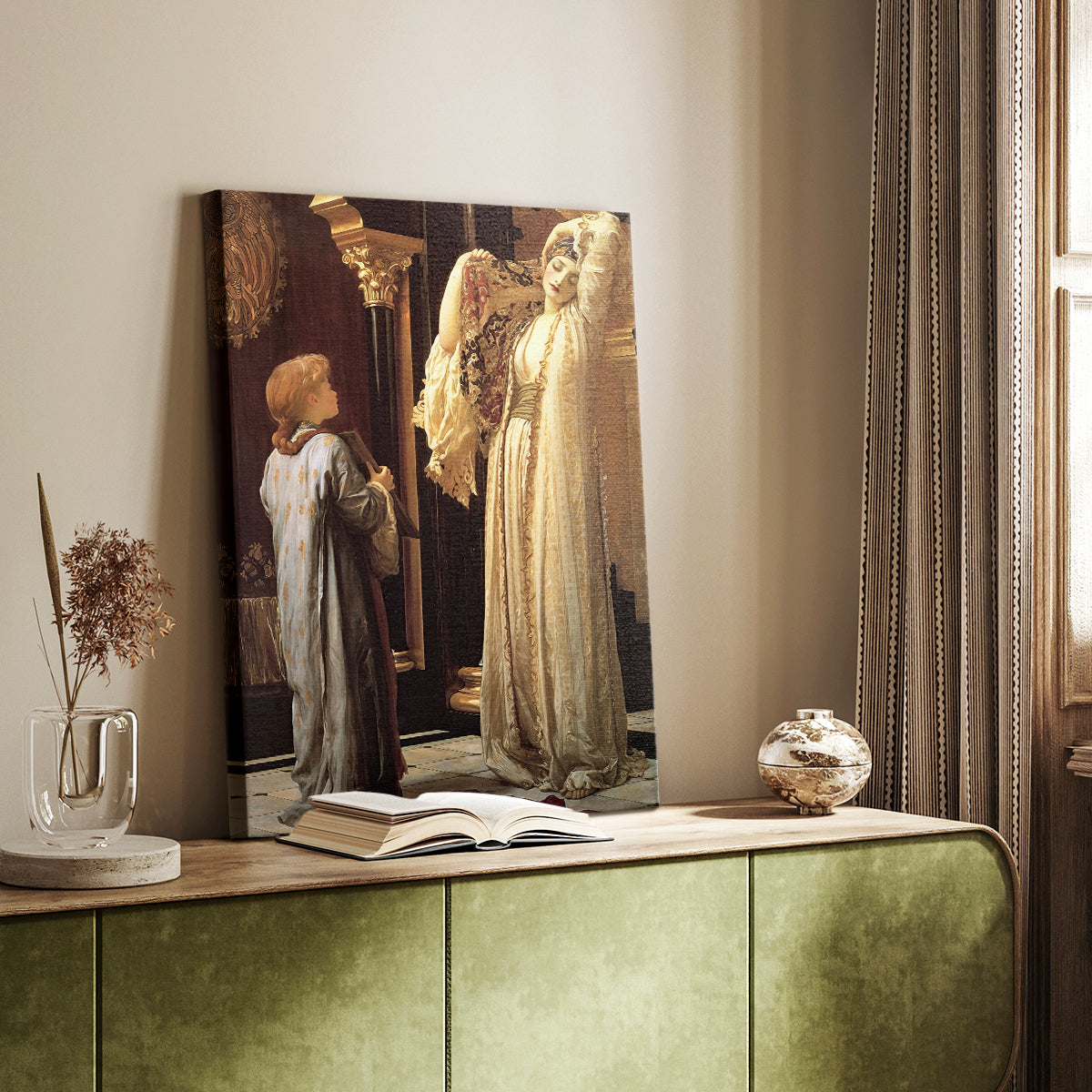 Canvas art print of an intimate interior with figures in flowing garments styled in a home decor setting.