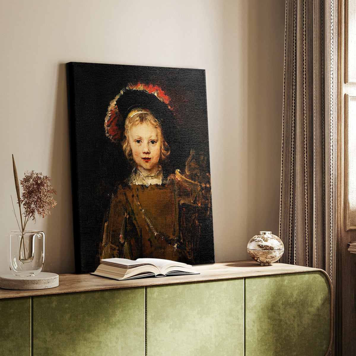 Canvas art print of a refined child figure with rich clothing and soft shadows styled in a home decor setting.