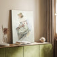 Canvas art print of a decorative portrait with intricate borders and soft pastel tones styled in a home decor setting.
