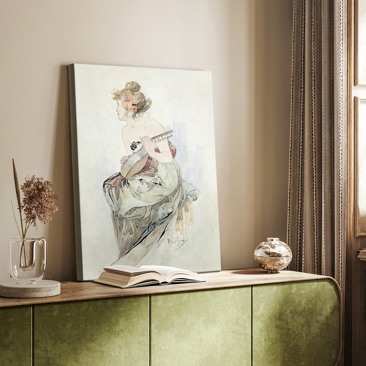 Canvas art print of a decorative portrait with intricate borders and soft pastel tones styled in a home decor setting.