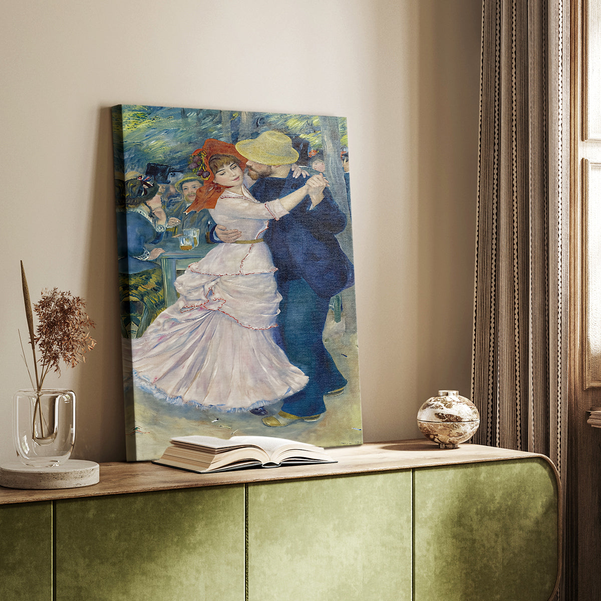 Canvas art print of a lively outdoor scene with figures dancing in warm natural light styled in a home decor setting.