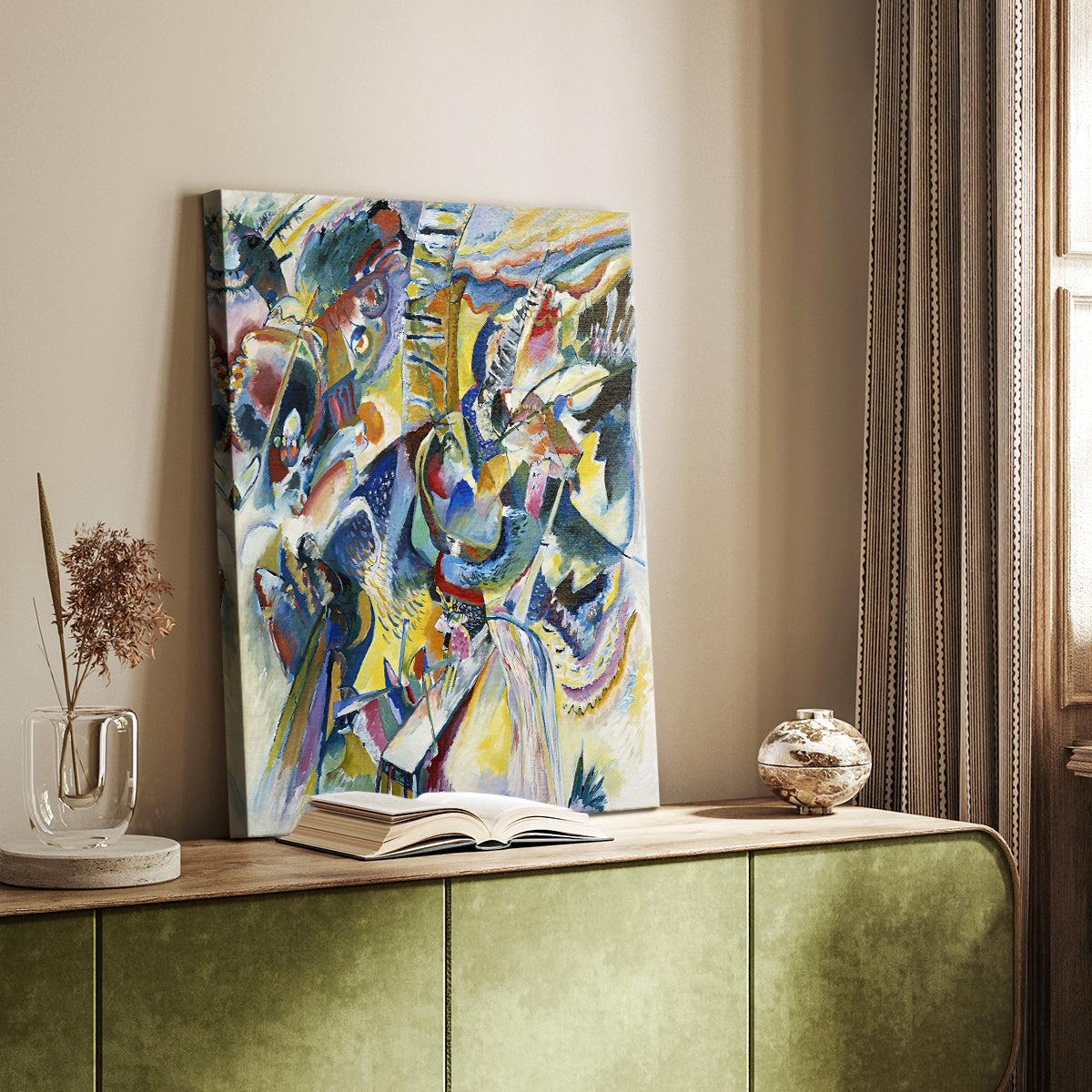 Canvas art print of a dynamic image with geometric shapes and bold contrast styled in a home decor setting.