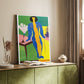 Canvas art print of a stylized composition with geometric forms and vivid tones styled in a home decor setting.