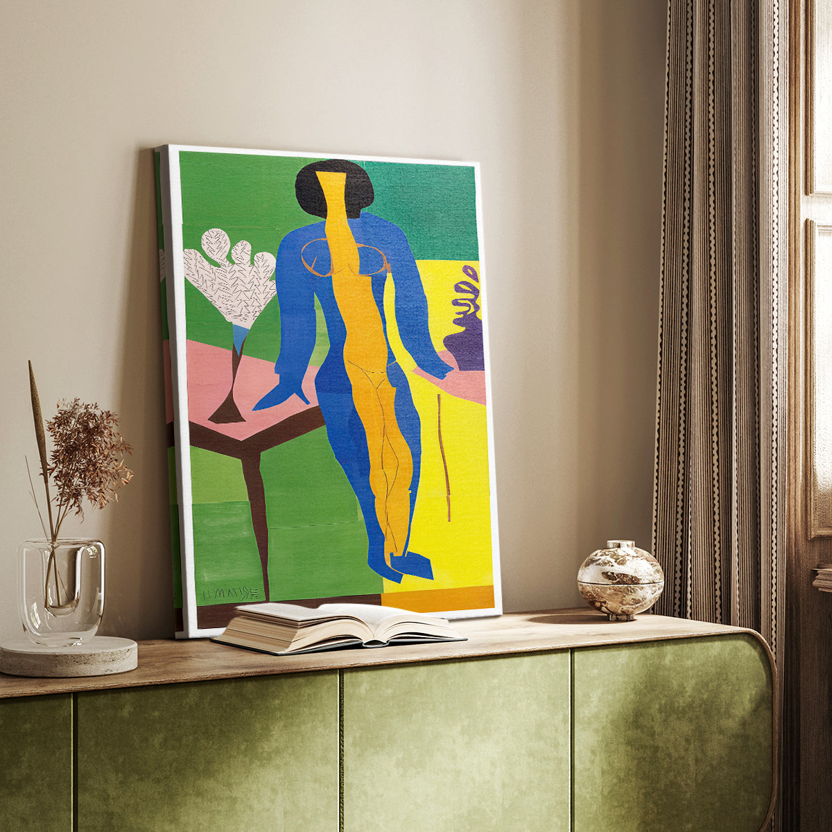 Canvas art print of a stylized composition with geometric forms and vivid tones styled in a home decor setting.
