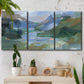 Three-panel canvas wall art featuring abstract landscape composition study, displayed in a boho-chic entryway above a console table.