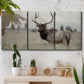 Three-panel canvas wall art featuring elk standing in open grassland, displayed in a boho-chic entryway above a console table.