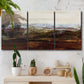 Three-panel canvas wall art featuring rustic abstract landscape exploration, displayed in a boho-chic entryway above a console table.
