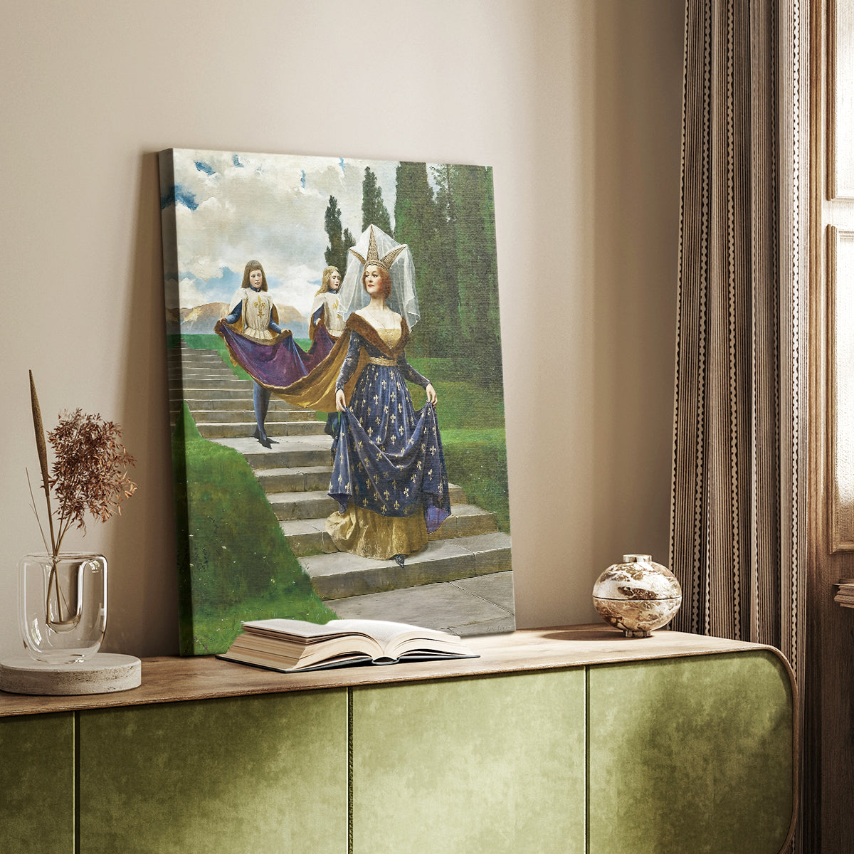 Canvas art print of a composed figure with formal attire and soft lighting styled in a home decor setting.