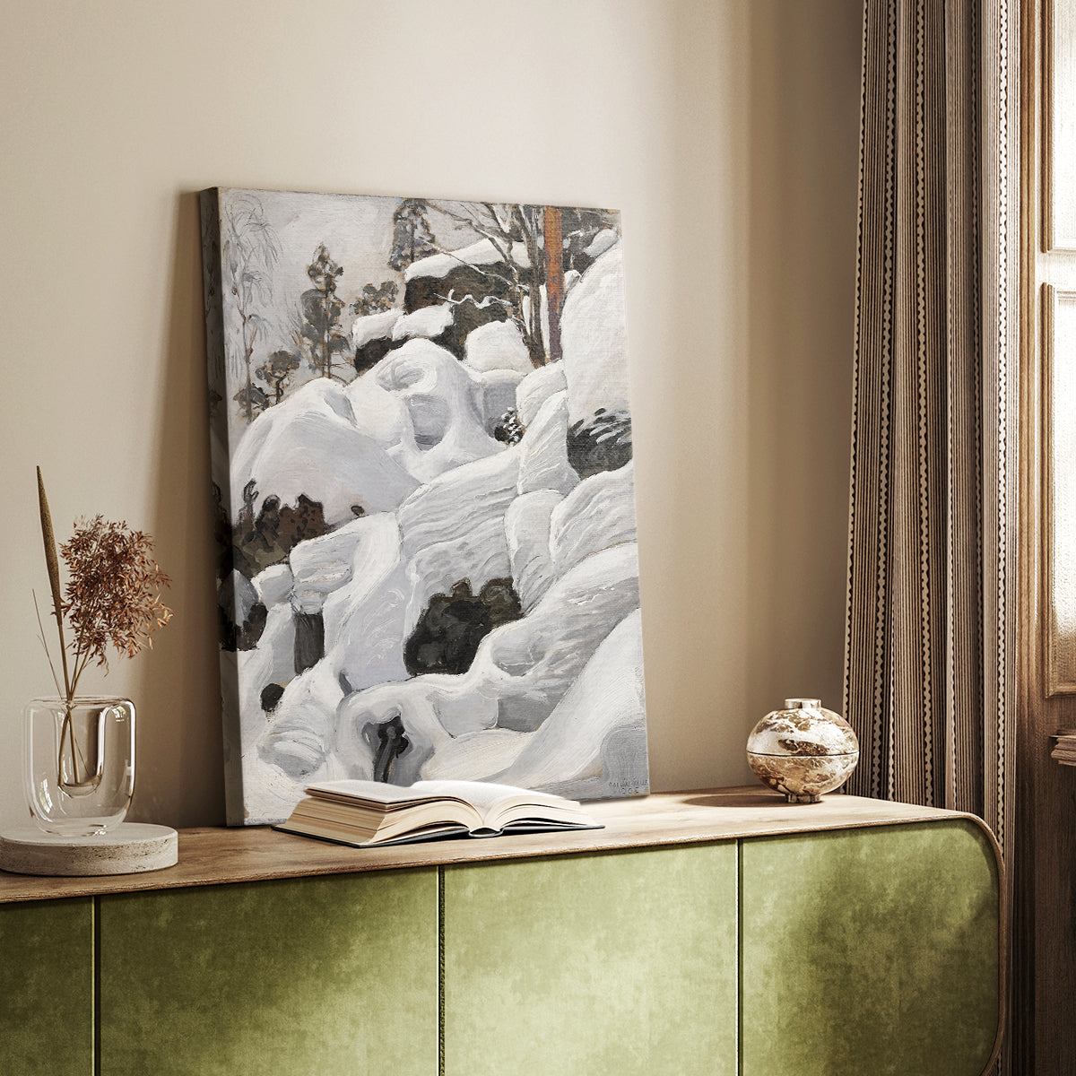 Canvas art print of a winter forest scene with snow-covered rocks suggesting a lynx's shelter styled in a home decor setting.