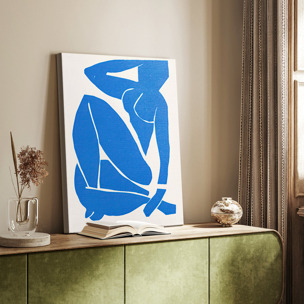 Canvas art print of a stylized composition with flat forms and strong silhouette styled in a home decor setting.
