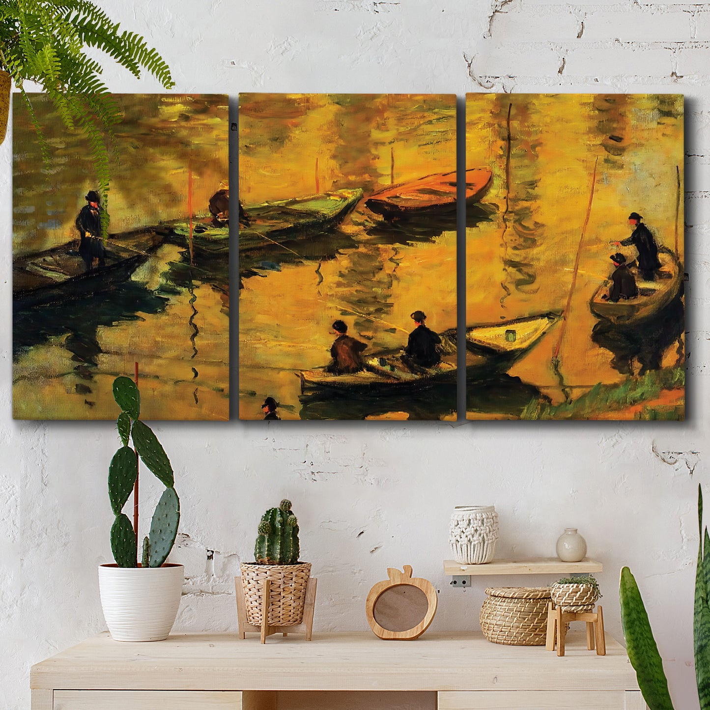 Three-panel canvas wall art featuring small boat on calm water, displayed in a boho-chic entryway above a console table.