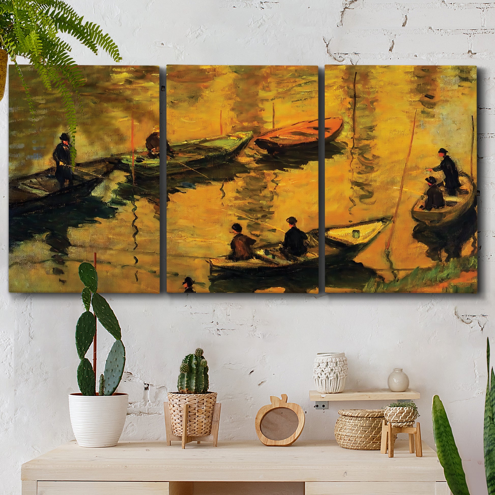 Three-panel canvas wall art featuring small boat on calm water, displayed in a boho-chic entryway above a console table.